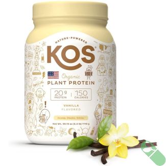 "Infographic highlighting KOS Organic Protein's superfood blend and health benefits"
