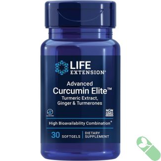 Life Extension Advanced Curcumin Elite bottle with softgels spilled out emphasizing turmeric and ginger blend

