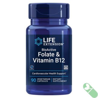 "Side view of Life Extension BioActive Folate & Vitamin B12 90 vegetarian capsules, non-GMO and gluten-free bottle"

