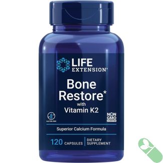 Life Extension Bone Restore with Vitamin K2 120 capsules bottle for superior calcium and bone health.

