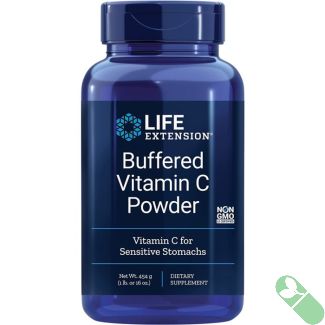 "Life Extension Buffered Vitamin C Powder for Sensitive Stomachs bottle next to fresh oranges and lemons, supporting natural vitamin C benefits"

