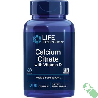 "Life Extension Calcium Citrate with Vitamin D 200 capsules bottle placed with calcium-rich foods for optimal supplementation"


