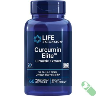 Life Extension Curcumin Elite bottle with capsules spilled out emphasizing natural turmeric extract formula

