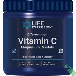 "Close-up of Life Extension Effervescent Vitamin C Magnesium Crystals 180g label highlighting key ingredients"

