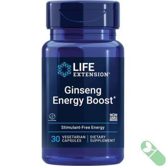 Life Extension Ginseng Energy Boost bottle with capsules spilled out showing veggie capsules

