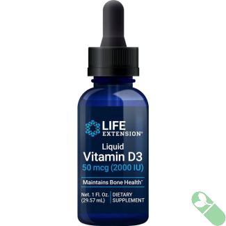 Angle view of Life Extension Liquid Vitamin D3 50 mcg bottle displaying clear supplement liquid in dropper.

