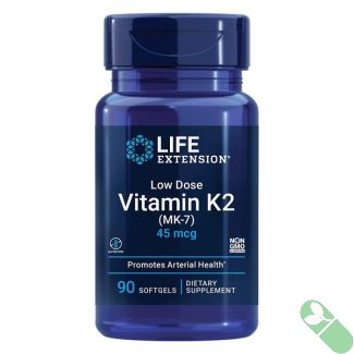 "Top view of Life Extension Low Dose Vitamin K2 45mcg bottle – safety sealed cap"


