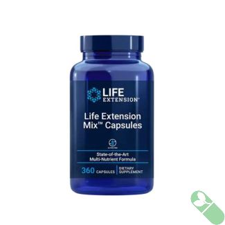 Life Extension Mix 360 Capsules supplement facts panel with vitamins and minerals.

