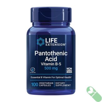 "Close-up of Life Extension Pantothenic Acid Vitamin B5 500mg label – supports energy metabolism"

