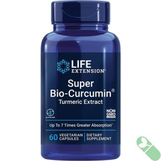"Side label of Life Extension Super Bio-Curcumin 60 veggie capsules indicating vegetarian and non-GMO certifications"

