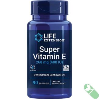 "Multiple bottles of Life Extension Super Vitamin E 400 IU grouped together for family use or bulk storage"

