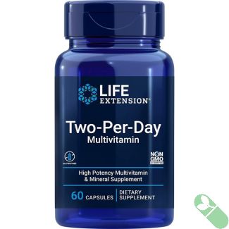 "Life Extension Two-Per-Day Multivitamin Capsules bottle next to fresh fruits and vegetables, supporting complete nutrition"

