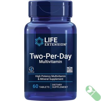 "Side view of Life Extension Two-Per-Day Multivitamin Tablets bottle, supplement facts and key ingredients visible"

