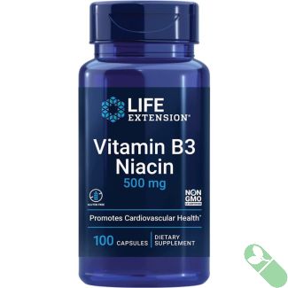 "Life Extension Vitamin B3 Niacin 500mg bottle with blue label, supporting cardiovascular health – 100 capsules"

