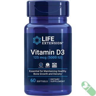Front label of Life Extension Vitamin D3 125 mcg 5000 IU 60 Softgels bottle.
