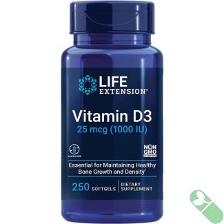 Front label of Life Extension Vitamin D3 1000 IU 250 softgels supplement.

