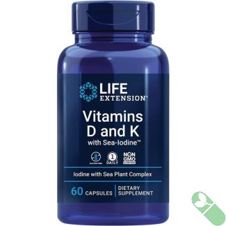 "Life Extension Vitamins D and K with Sea-Iodine 60 capsules bottle next to meal, recommended with food for absorption"

