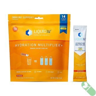 A package of Liquid I.V. Hydration Multiplier+ with Immune Support in a vibrant tangerine flavor, ready to enhance your daily hydration and health.