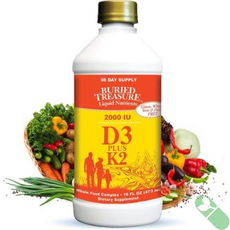 "Top view of Buried Treasure Liquid Vitamin D3 Plus K2 2000 IU bottle cap"
