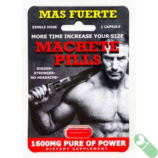 Machete Pills Male Enhancement Red Capsule blister pack with muscular man and bold text

