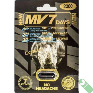 "MV 7 Days Rhino Male Enhancement Black Pill 2000mg Ecstatic bottle with clear label"
