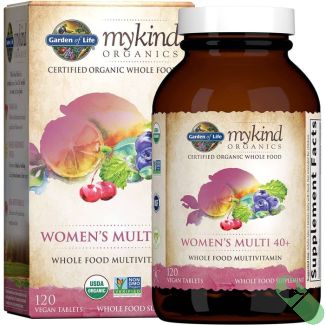 Front view of Garden of Life mykind Organics Women’s Multivitamin 40+ – 120 tablets for bone, energy, and hormone health