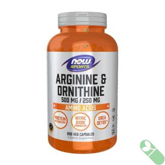 "Now Sports Arginine Ornithine Amino Acids 250 veggie capsules bottle with label showing amino acid supplement"

