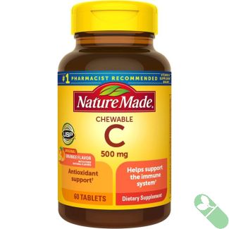 Orange flavor and immune support highlighted on Nature Made Chewable Vitamin C 500mg Tablets.

