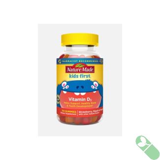 Nature Made Kids First Vitamin D Gummies packaging highlighting tooth and immune support for children.

