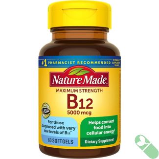 Open bottle showing Nature Made Maximum Strength Vitamin B12 5000mcg softgels inside.

