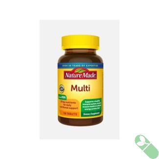 Nature Made Multivitamin with Iron 130 Tablets bottle and tablet on white background for supplement display.

