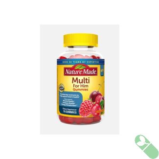 Nature Made Multivitamin For Him bottle highlighting fruit flavors and key vitamins for men.

