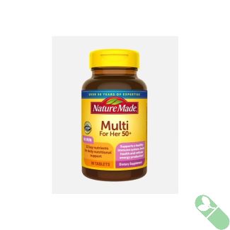 Woman holding Nature Made Multivitamin For Her 50+ 90 Tablets for daily health support.


