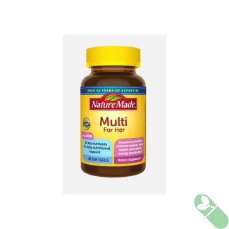 Open bottle of Nature Made Multivitamin For Her 60 Softgels showing softgel capsules.

