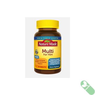 Label detail on Nature Made Multivitamin For Him 90 Tablets bottle with essential vitamins and minerals for men.

