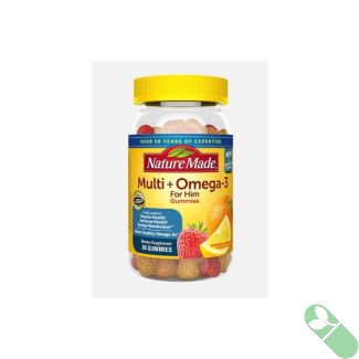 Fruit flavored gummies and bottle on white background for clean supplement display.

