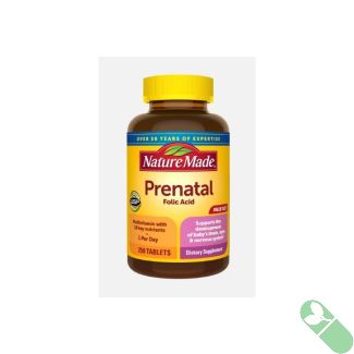 Nature Made Prenatal Folic Acid Multivitamin Tablets on clean white background with cap removed.

