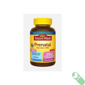 Nature Made Prenatal Multivitamin + 200mg DHA Softgels bottle and softgel on clean white background.


