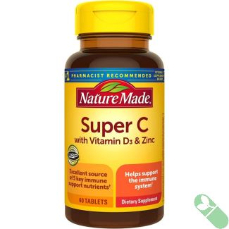 Nature Made Super C with Vitamin D3 & Zinc packaging highlighting 5 key immune support nutrients.

