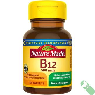 Nature Made Vitamin B12 500mcg Tablets bottle with 100 count label, energy support supplement.

