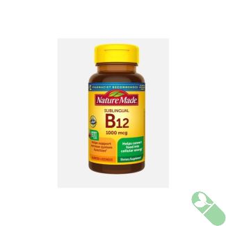 Nature Made Vitamin B12 Sublingual 1000 mcg Lozenges packaging and label closeup.

