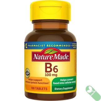 Top view of Nature Made Vitamin B6 100mg bottle and safety seal, yellow cap.

