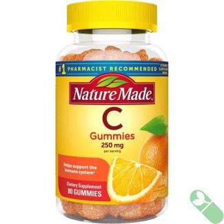 Side panel of Nature Made Vitamin C 250mg Gummies bottle showing ingredients, gluten free formula, 80 gummies.

