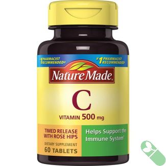 Side label of Nature Made Vitamin C 500mg Timed Release with Rose Hips displaying directions and ingredients.

