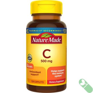 Top view of Nature Made Vitamin C 500mg with Rose Hips bottle and secure safety cap.

