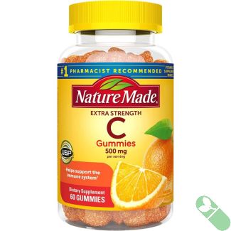 Side view of Nature Made Vitamin C Extra Strength 500mg Gummies showing nutrition and ingredients label.


