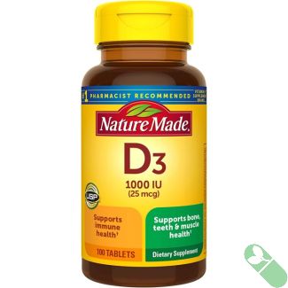Nature Made Vitamin D3 1000 IU Tablets packaging highlighting bone and muscle support benefits.

