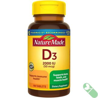 Side view of Nature Made Vitamin D3 2000 IU Tablets bottle displaying usage directions.

