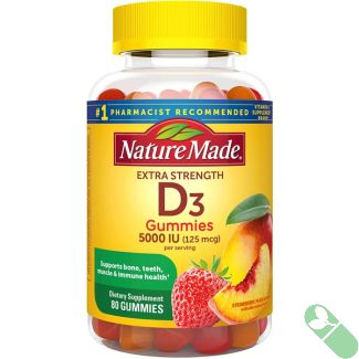 Nature Made Vitamin D3 Extra Strength 5000 IU Gummies label highlighting high potency vitamin D3 for adults.

