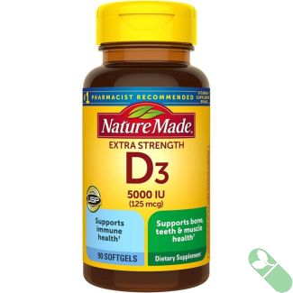Nature Made Vitamin D3 Extra Strength 5000 IU Softgels package highlighting immune and bone health support.


